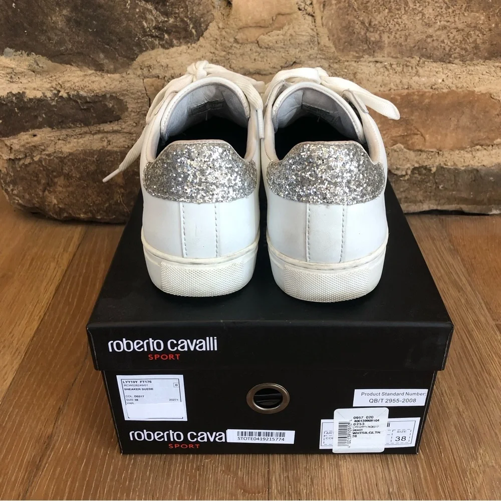 🔥Roberto Cavalli Sport WHITE glitter heel low top sneakers sz7.5 price firm